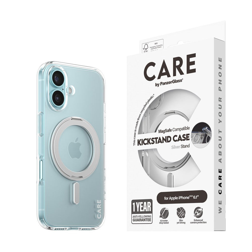 CARE by PanzerGlass iPhone 16 Feature Kickstand Case - MagSafe Kompatibel - Transparent / Silver