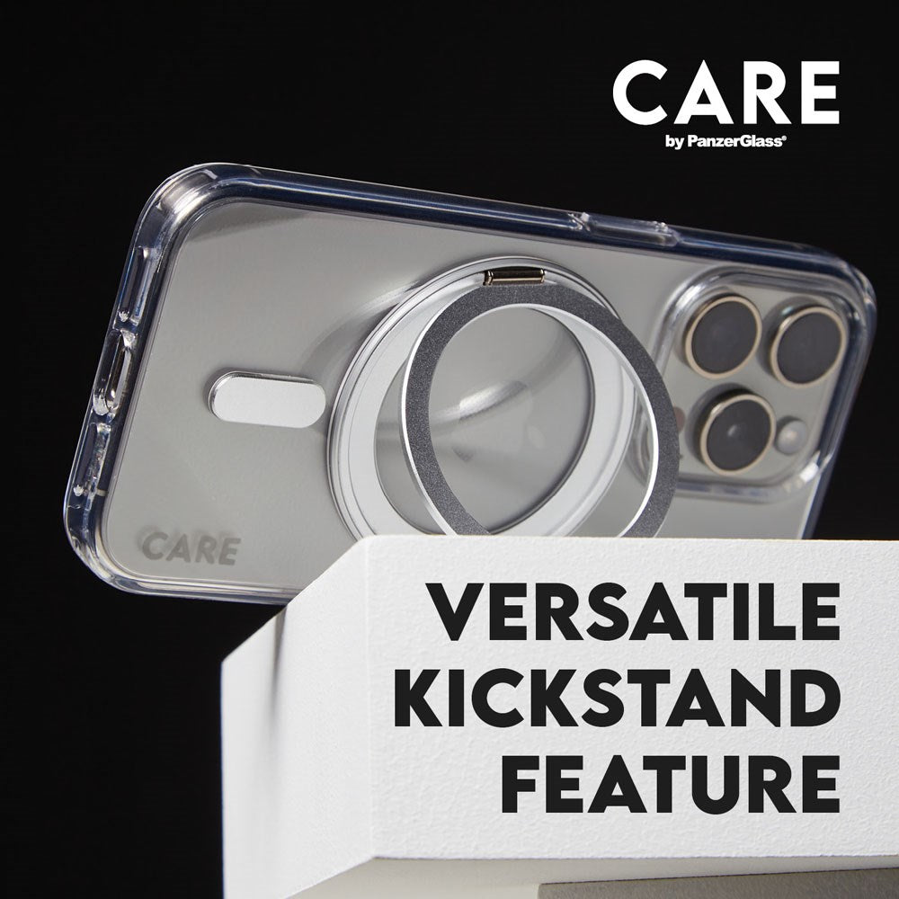 CARE by PanzerGlass iPhone 16 Feature Kickstand Case - MagSafe Kompatibel - Transparent / Silver