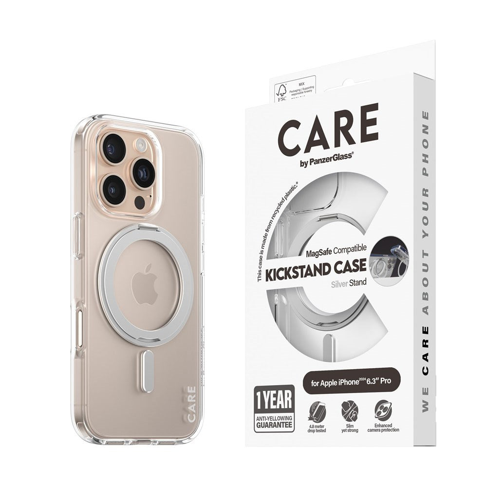 CARE by PanzerGlass iPhone 16 Pro Feature Kickstand Case - MagSafe Kompatibel - Transparent / Silver