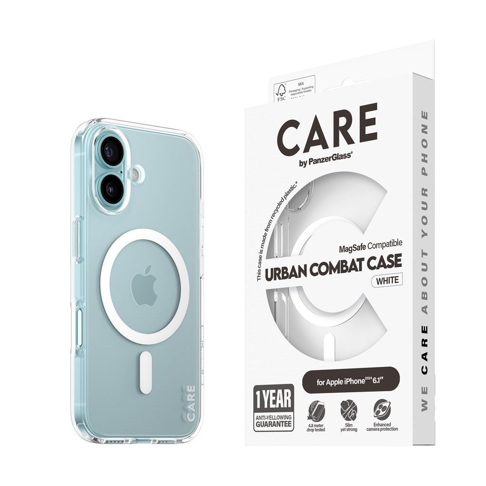 CARE by PanzerGlass iPhone 16 FLAGSHIP Urban Combat Case - MagSafe Kompatibel - Transparent / White
