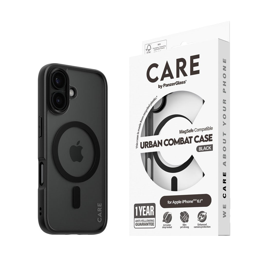 CARE by PanzerGlass iPhone 16 FLAGSHIP Urban Combat Case - MagSafe Kompatibel - Transparent / Black Frame