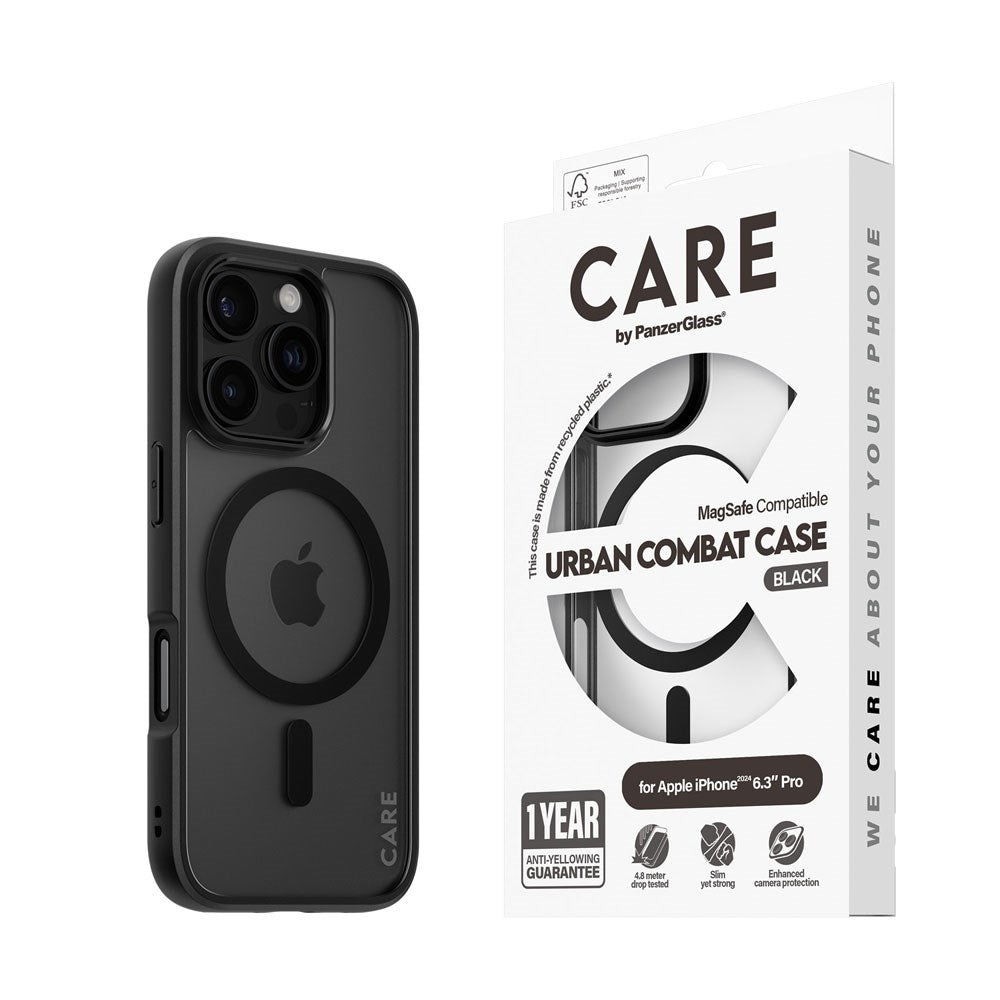 CARE by PanzerGlass iPhone 16 Pro FLAGSHIP Urban Combat Case - MagSafe Kompatibel - Transparent / Black Frame