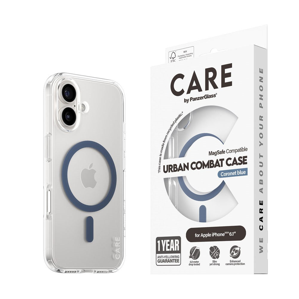 CARE by PanzerGlass iPhone 16 FLAGSHIP Urban Combat Case - MagSafe Kompatibel - Transparent / Coronet Blue