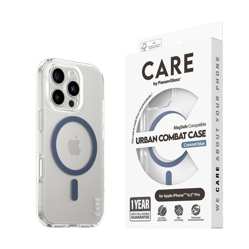 CARE by PanzerGlass iPhone 16 Pro FLAGSHIP Urban Combat Case - MagSafe Kompatibel - Transparent / Coronet Blue