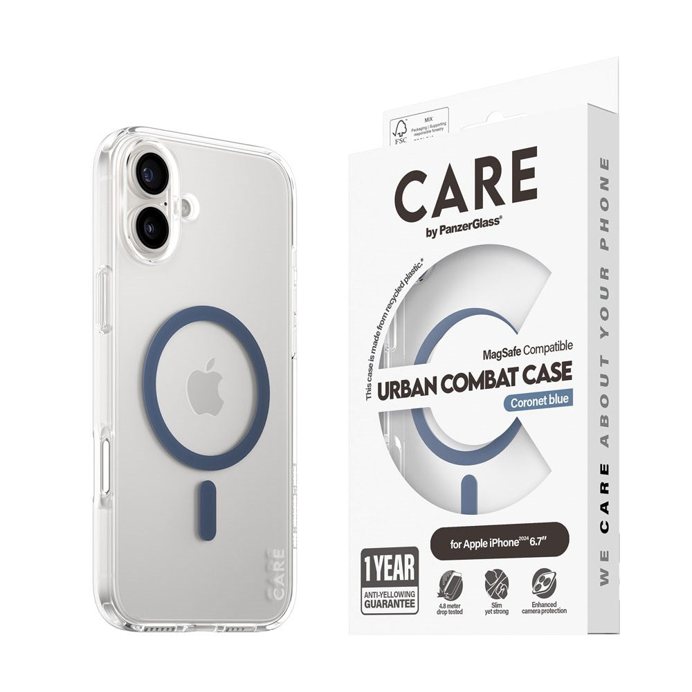 CARE by PanzerGlass iPhone 16 Plus FLAGSHIP Urban Combat Case - MagSafe Kompatibel - Transparent / Coronet Blue