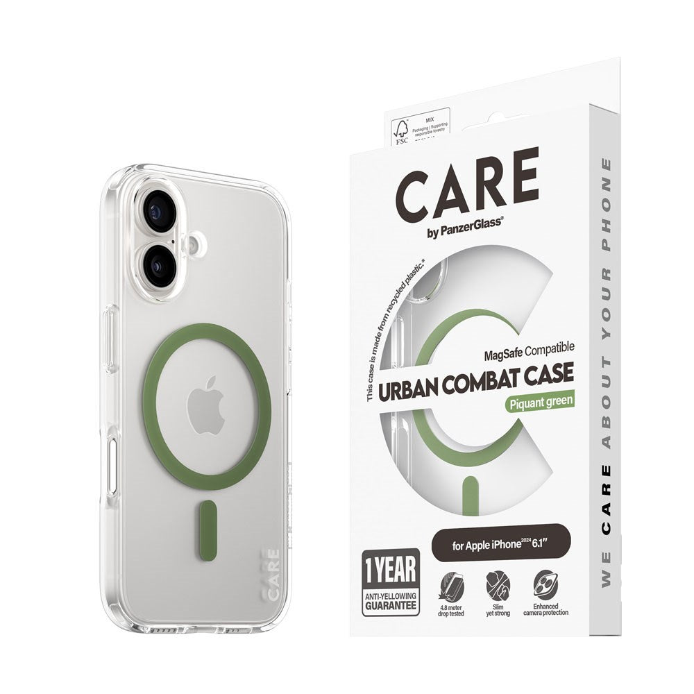 CARE by PanzerGlass iPhone 16 FLAGSHIP Urban Combat Case - MagSafe Kompatibel - Transparent / Piquant Green