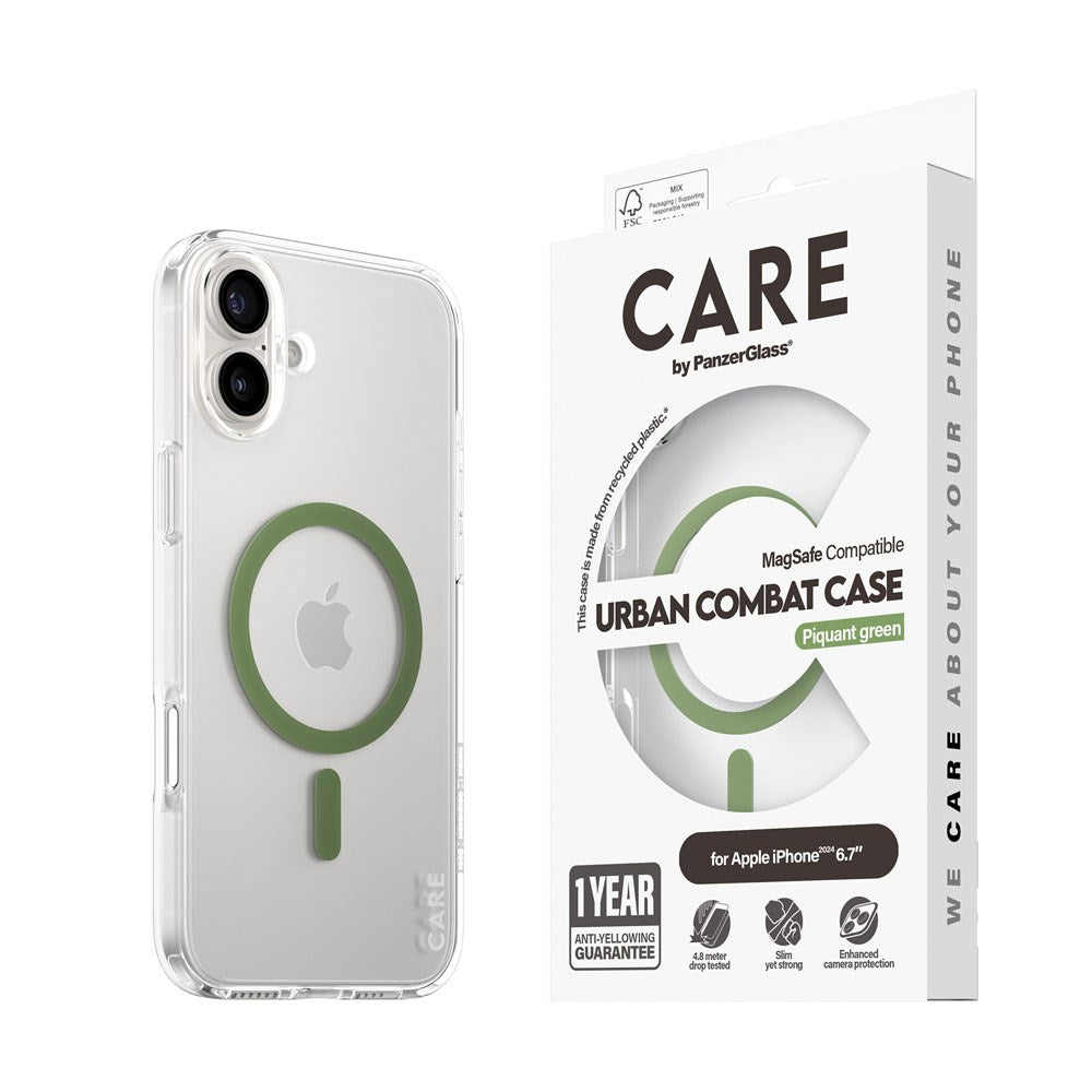 CARE by PanzerGlass iPhone 16 Plus FLAGSHIP Urban Combat Case - MagSafe Kompatibel - Transparent / Piquant Green