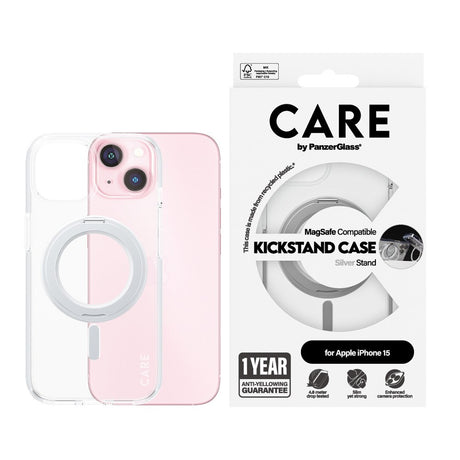 CARE by PanzerGlass iPhone 15 Feature Kickstand Case - MagSafe Kompatibel - Transparent / Silver