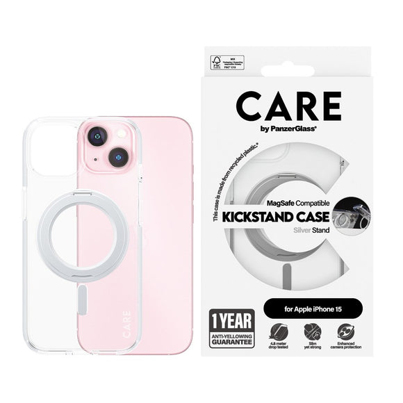 CARE by PanzerGlass iPhone 15 Feature Kickstand Case - MagSafe Kompatibel - Transparent / Silver