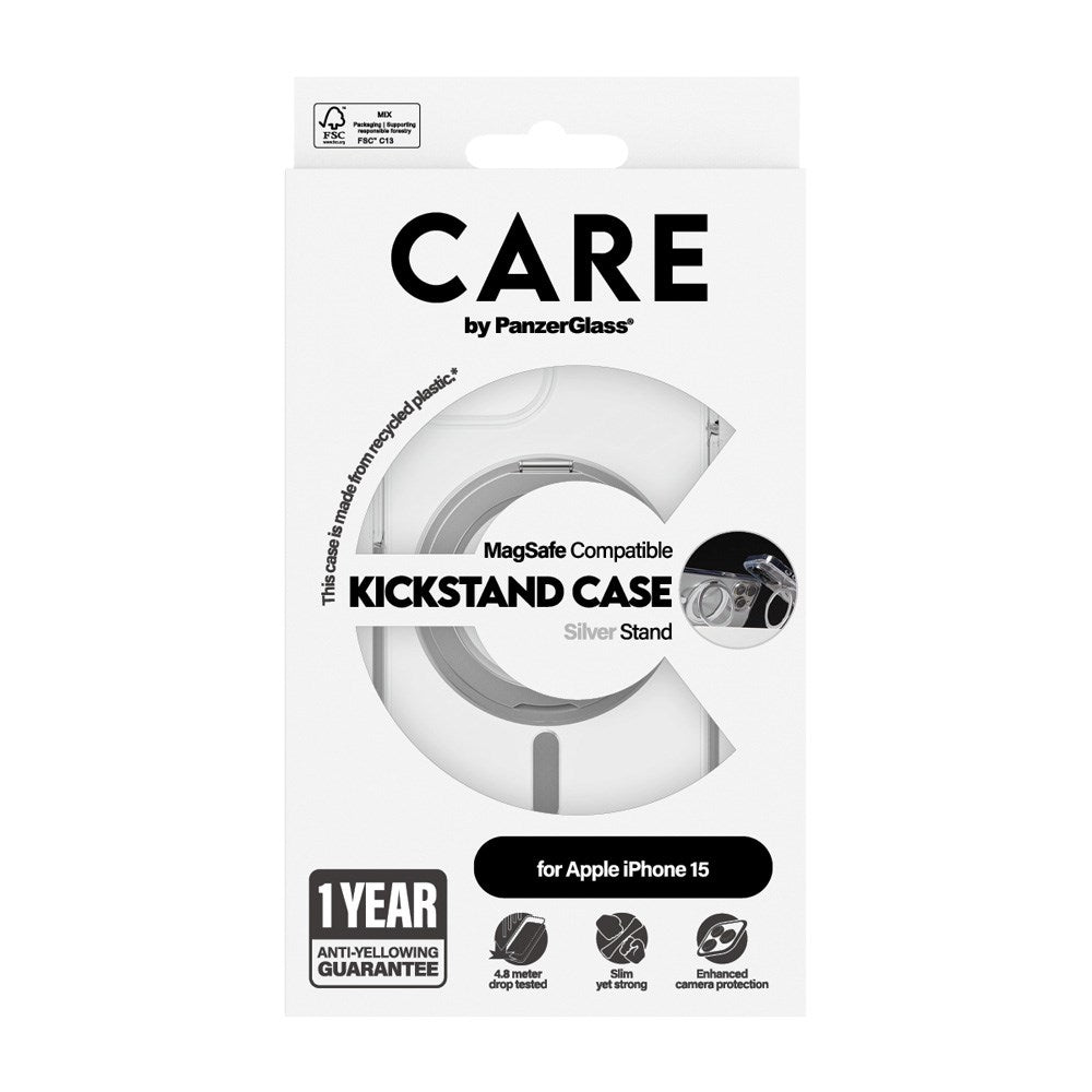 CARE by PanzerGlass iPhone 15 Feature Kickstand Case - MagSafe Kompatibel - Transparent / Silver