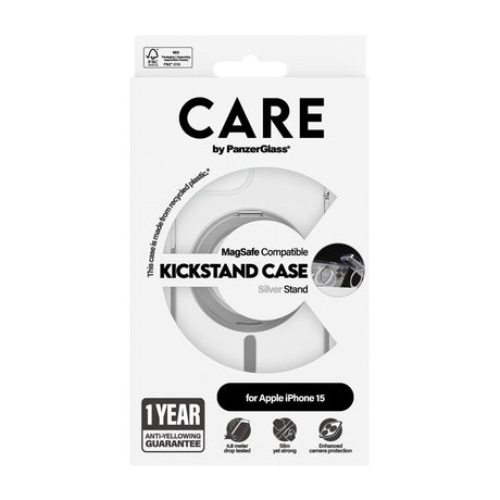 CARE by PanzerGlass iPhone 15 Feature Kickstand Case - MagSafe Kompatibel - Transparent / Silver