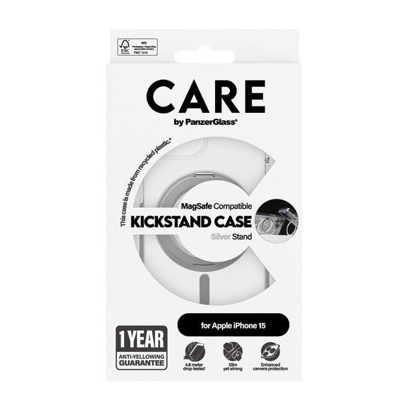 CARE by PanzerGlass iPhone 15 Feature Kickstand Case - MagSafe Kompatibel - Transparent / Silver