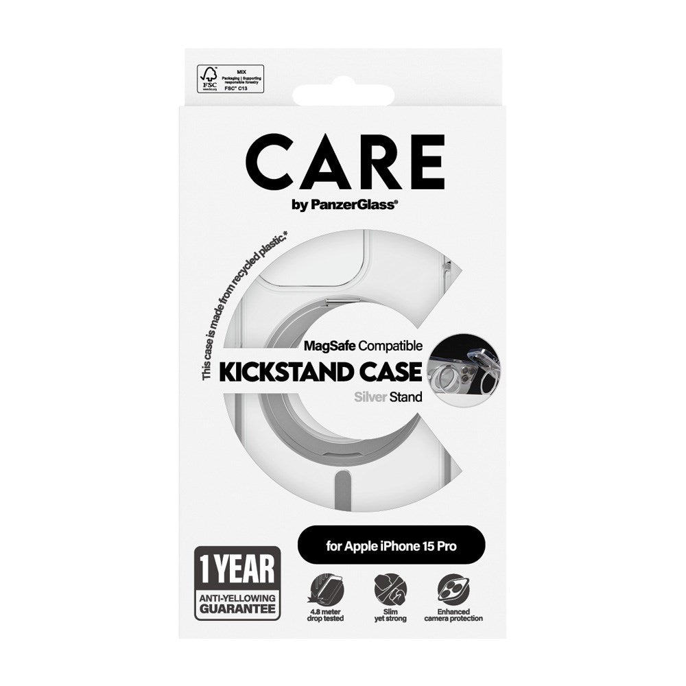 CARE by PanzerGlass iPhone 15 Pro Feature Kickstand Case - MagSafe Kompatibel - Transparent / Silver