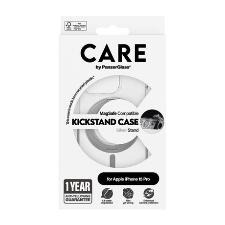 CARE by PanzerGlass iPhone 15 Pro Feature Kickstand Case - MagSafe Kompatibel - Transparent / Silver