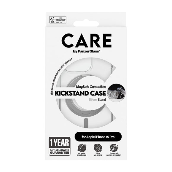 CARE by PanzerGlass iPhone 15 Pro Feature Kickstand Case - MagSafe Kompatibel - Transparent / Silver