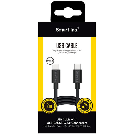 Smartline (3A/60W) USB-C til USB-C Kabel 2 m. - Sort