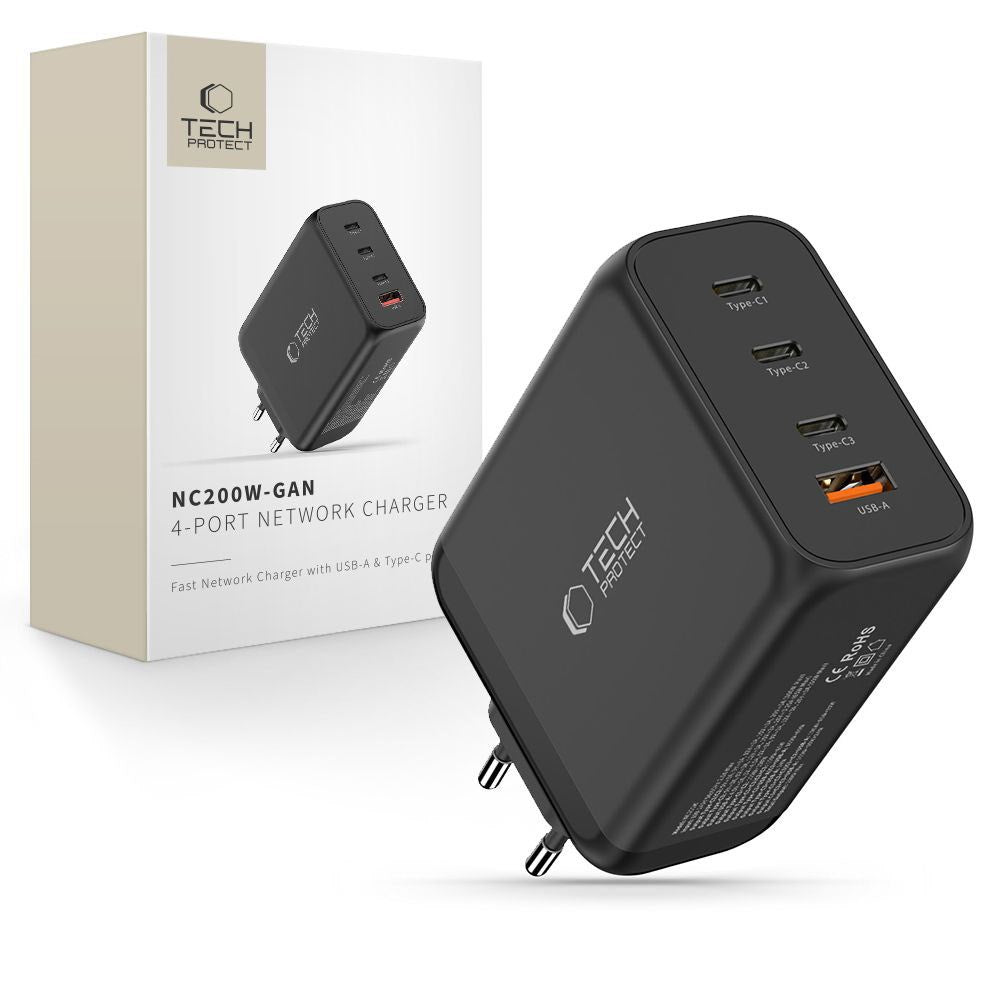 Tech-Protect 200W Vægoplader m. 3x USB-C & 1x USB-A - Sort