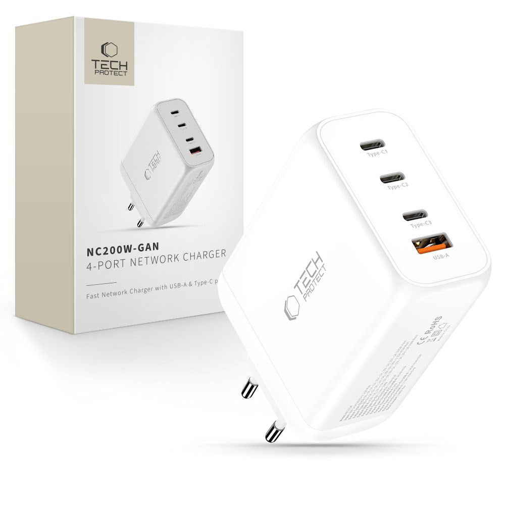Tech-Protect 200W Vægoplader m. 3x USB-C & 1x USB-A - Hvid