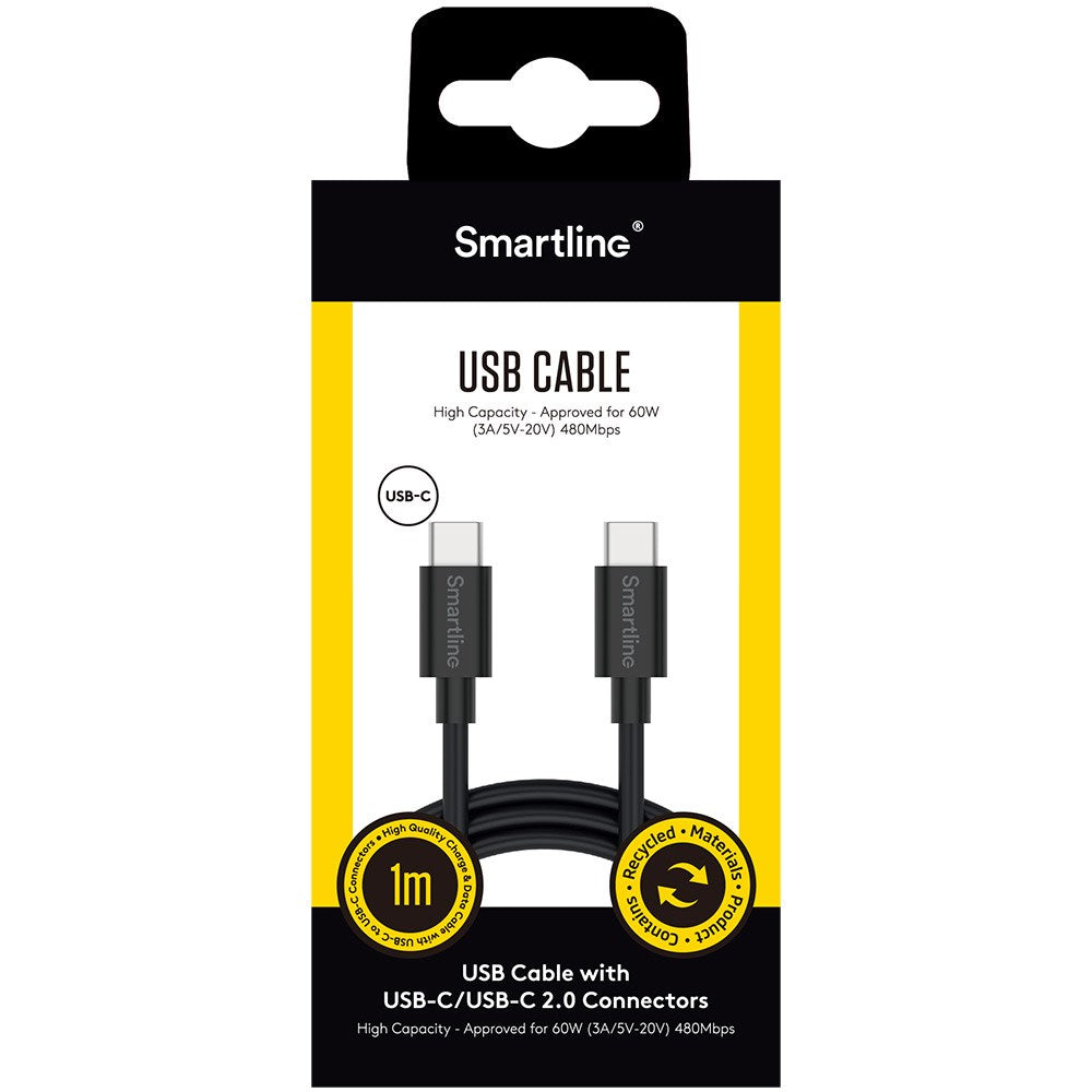 Smartline (3A/60W) USB-C til USB-C Kabel 1 m. - Sort