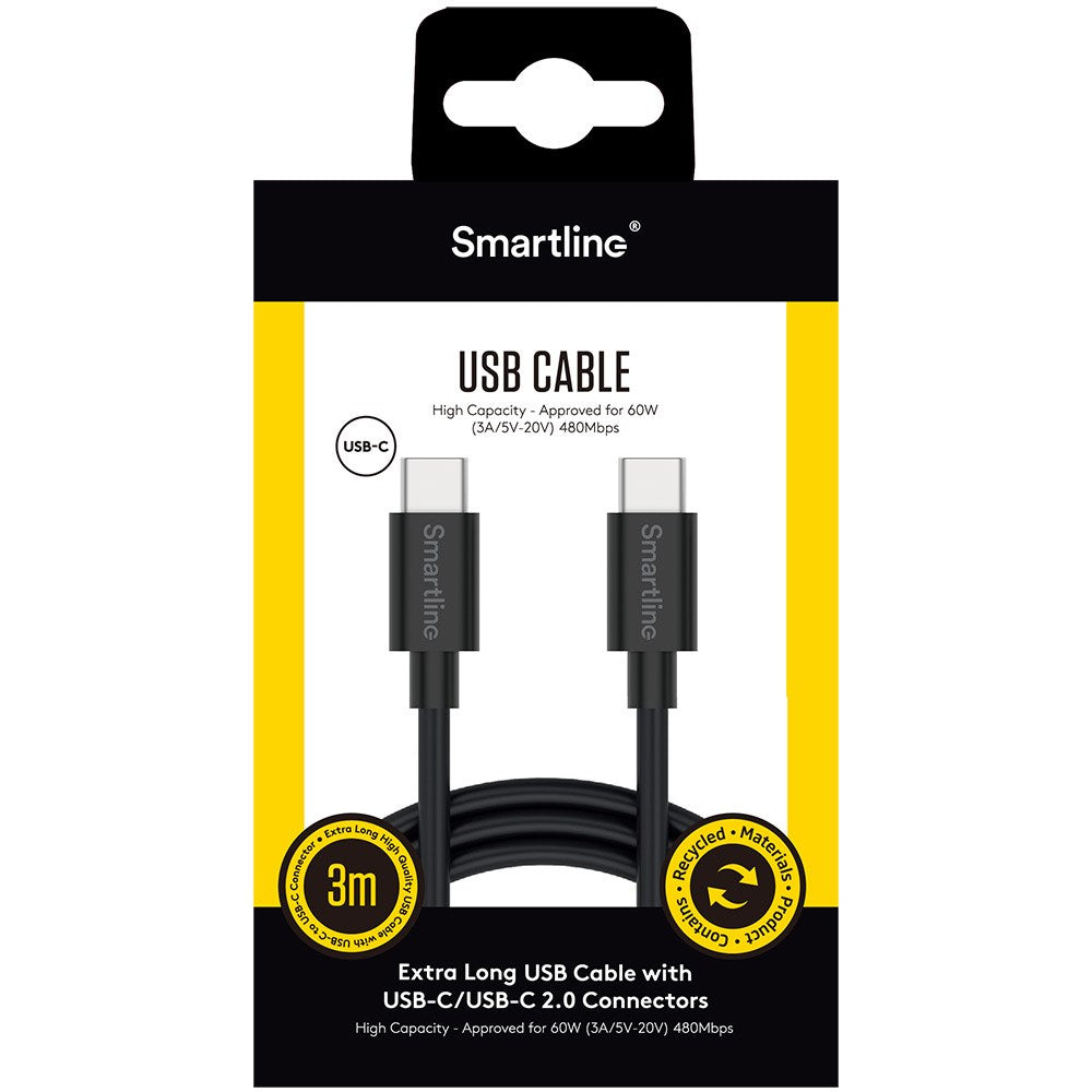 Smartline (3A/60W) USB-C til USB-C Kabel 3 m. - Sort