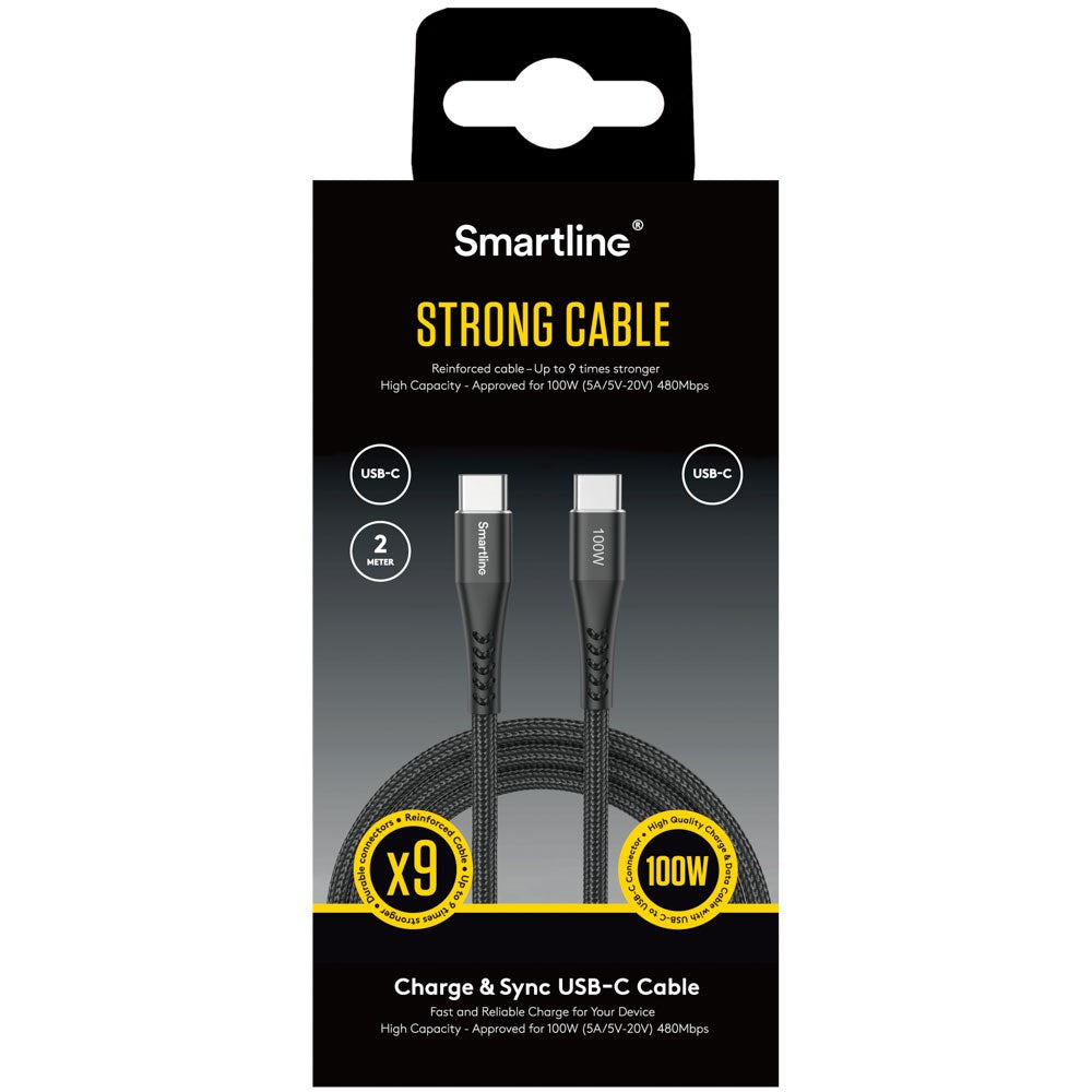 Smartline 100W USB-C til USB-C Kabel 2 m. - Sort