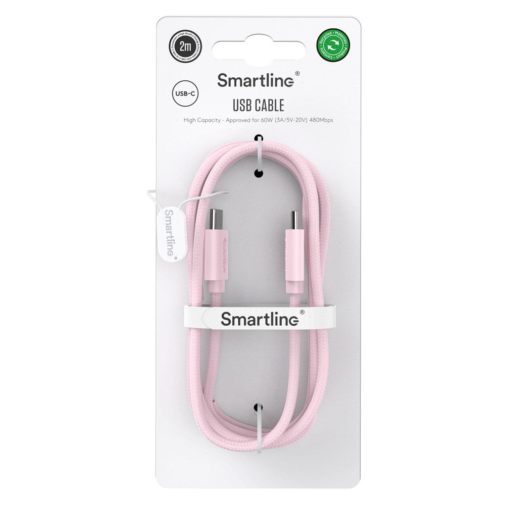 Smartline (60W) USB-C til USB-C Braidy Kabel 2m - Lyserød