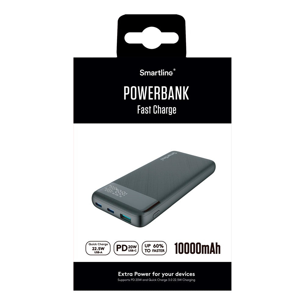 Smartline 10.000mAh Powerbank m. PD / QC3.0 & LED-Display - Sort