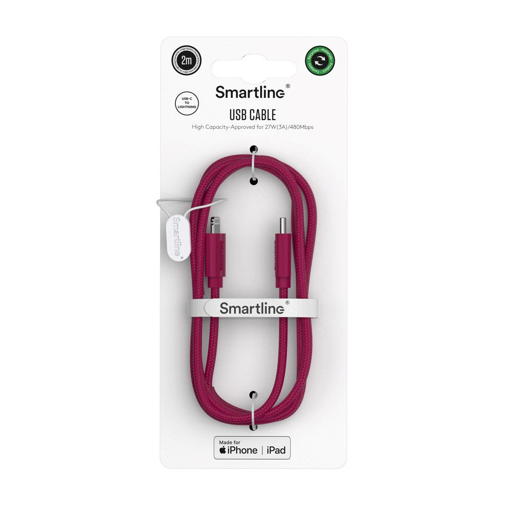 Smartline (3A/27W) USB-C til Lightning Braidy Kabel 2m - Mørkerød