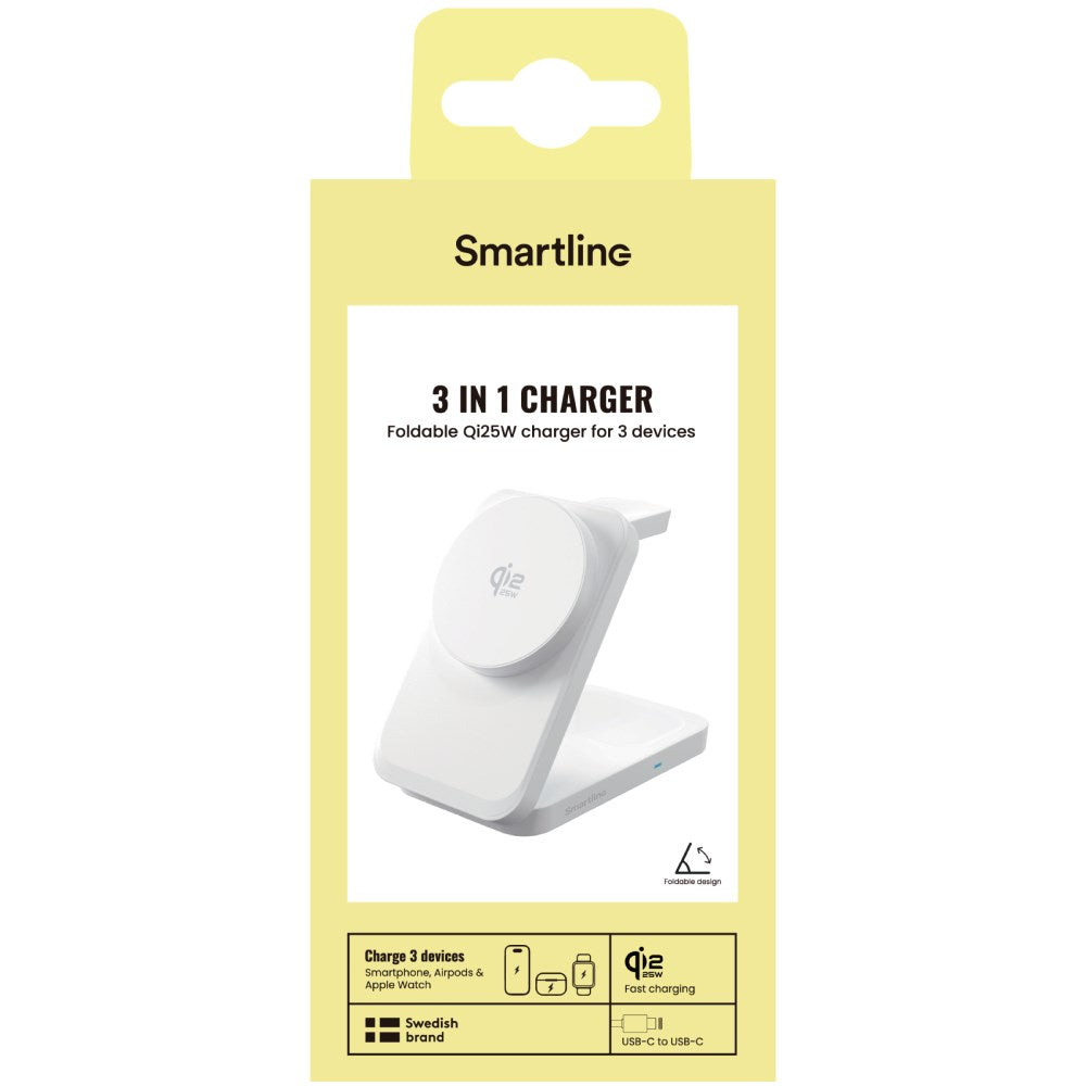 Smartline Foldbar 3-in-1 Trådløs Opladningsstander 25W - Qi2 Kompatibel - Hvid