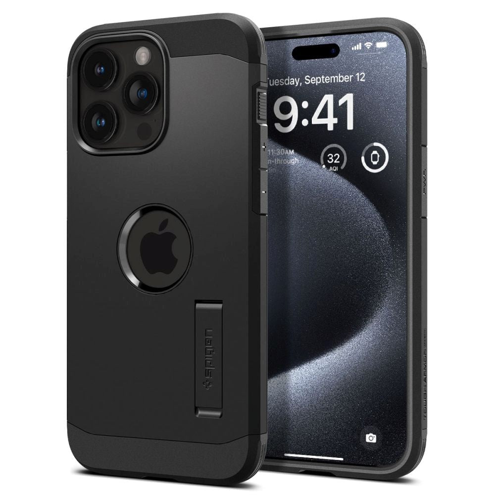 iPhone 15 Pro Max Spigen Tough Armor Cover m. Kickstand - MagSafe Kompatibel - Sort
