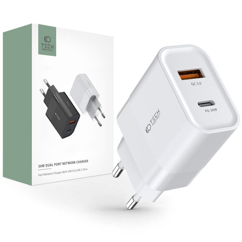 Tech-Protect PD 30W Vægoplader m. 1 x USB-C & 1 x USB-A - Hvid