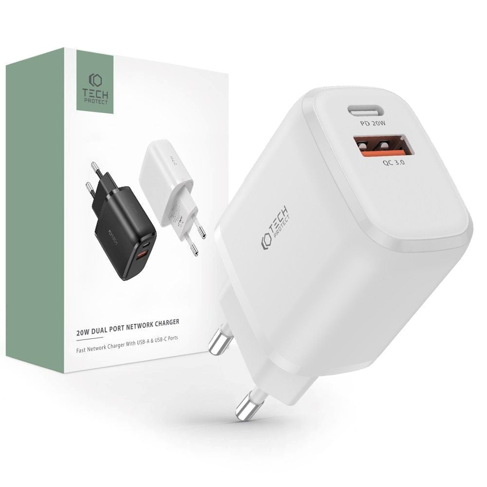 Tech-Protect PD 20W Vægoplader m. 1 x USB-C & 1 x USB-A - Hvid