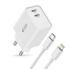 Tech-Protect PD 35W Vægoplader m. 2 x USB-C & Lightning Kabel - Hvid