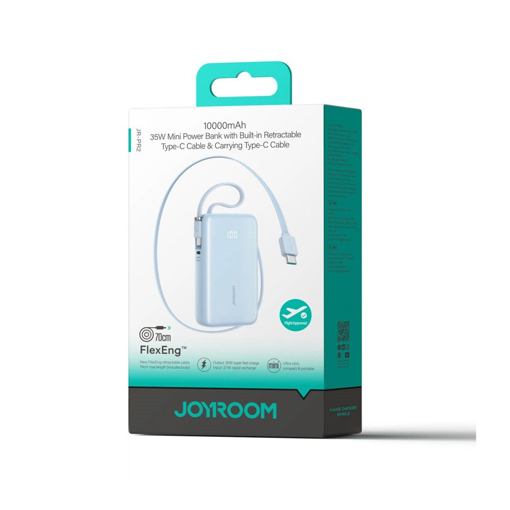 Joyroom JR-PR2 35W PowerBank m. Udtrækkeligt USB-C Kabel & Indbygget USB-C Kabel - 10.000 mAh - Lyseblå