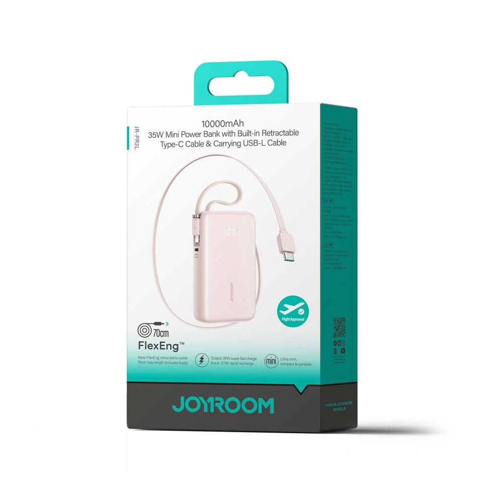 Joyroom JR-PR2L 35W PowerBank m. Udtrækkeligt USB-C Kabel & Indbygget Lightning Kabel - 10.000 mAh - Lyserød