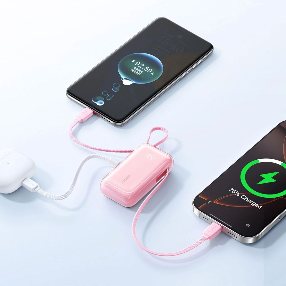 Joyroom JR-PR2L 35W PowerBank m. Udtrækkeligt USB-C Kabel & Indbygget Lightning Kabel - 10.000 mAh - Lyserød