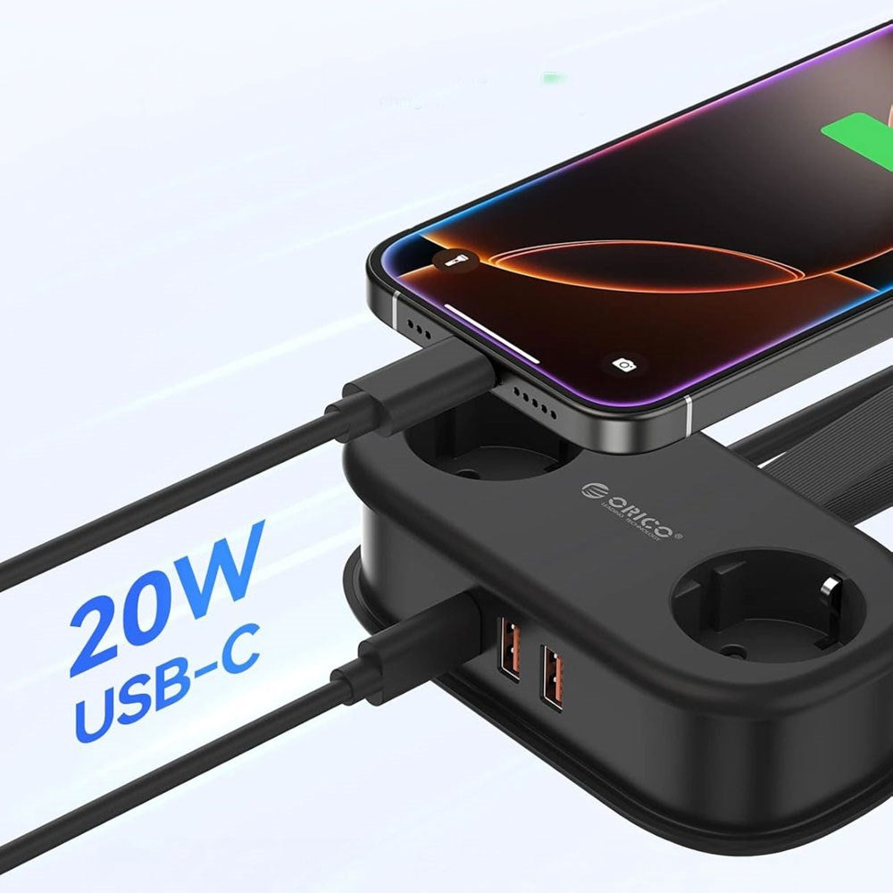 ORICO 20W 5-i-1 Strømskinne med 2 x Schuko 2 x USB-A 1 x USB-C - Sort