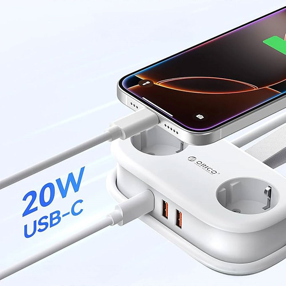 ORICO 20W 5-i-1 Strømskinne med 2 x Schuko 2 x USB-A 1 x USB-C - Hvid