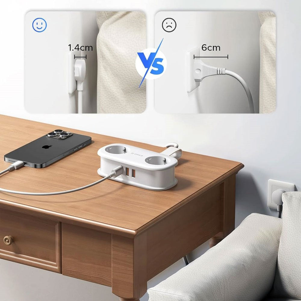 ORICO 20W 5-i-1 Strømskinne med 2 x Schuko 2 x USB-A 1 x USB-C - Hvid