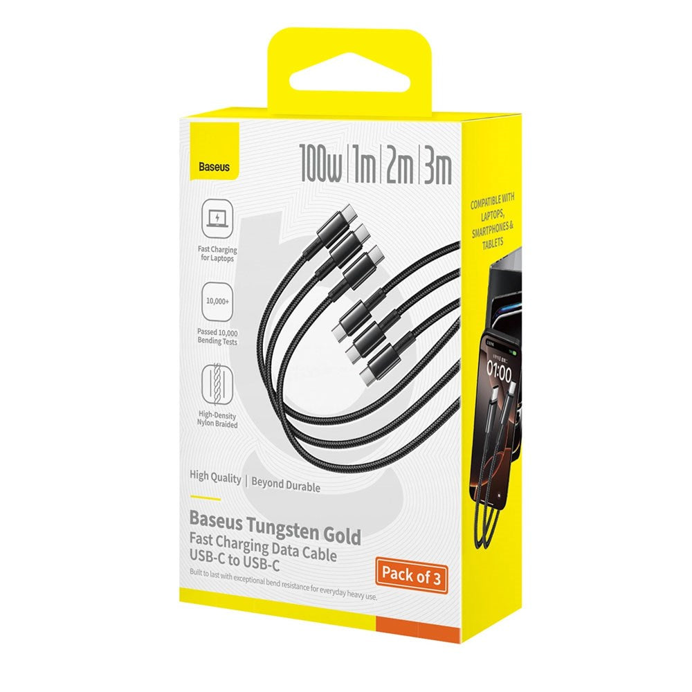 Baseus Tungsten Gold 100W USB-C til USB-C Kabel Sæt - 1m / 2m / 3m - 3 stk - Sort