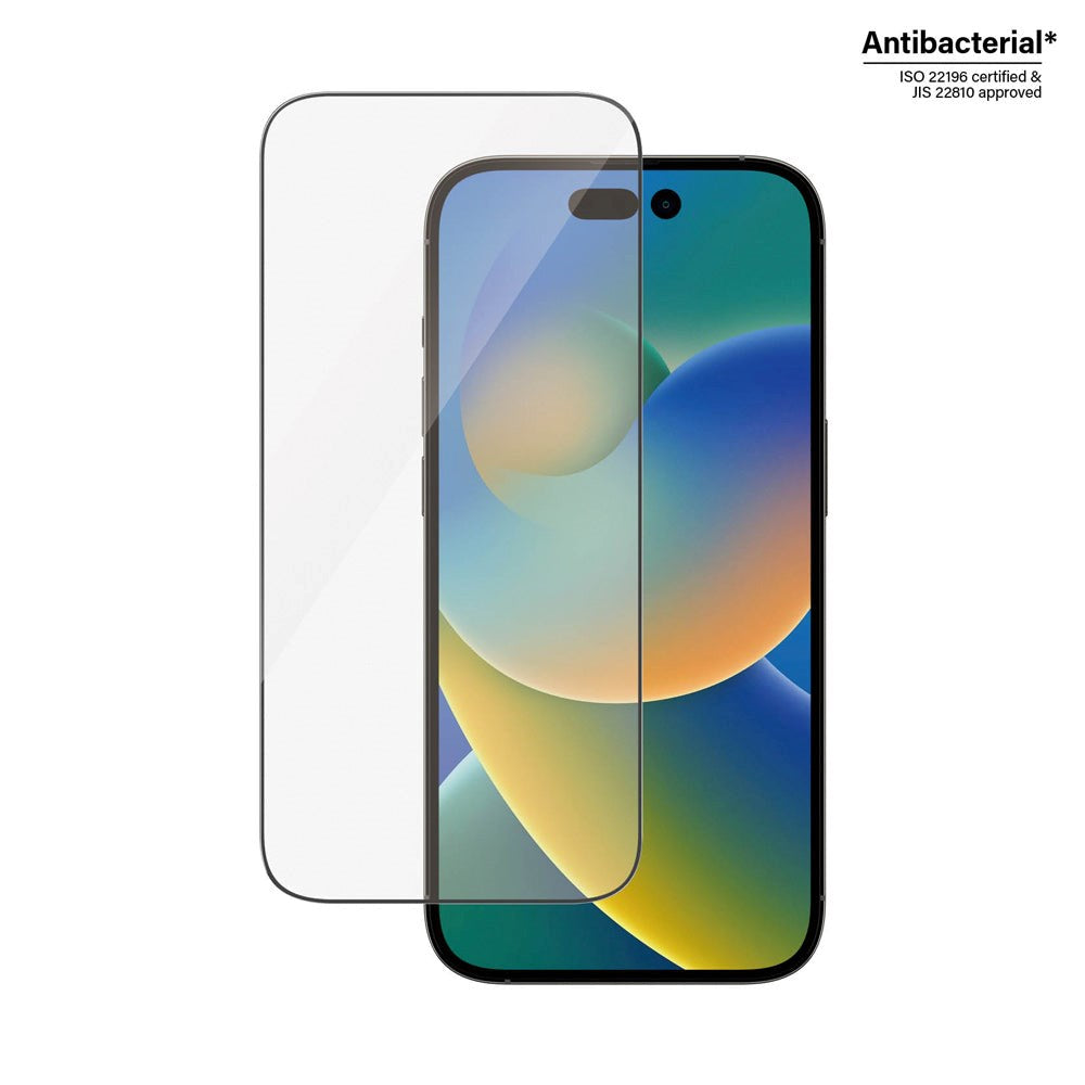 iPhone 14 Pro PanzerGlass AntiBacterial Ultra Wide Fit Skærmbeskyttelse m. EasyAligner - Diamond Strength - Gennemsigtig / Sort