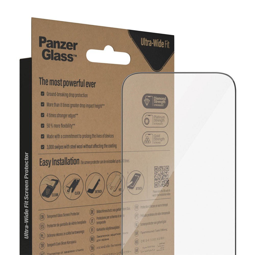 iPhone 14 Pro PanzerGlass AntiBacterial Ultra Wide Fit Skærmbeskyttelse m. EasyAligner - Diamond Strength - Gennemsigtig / Sort