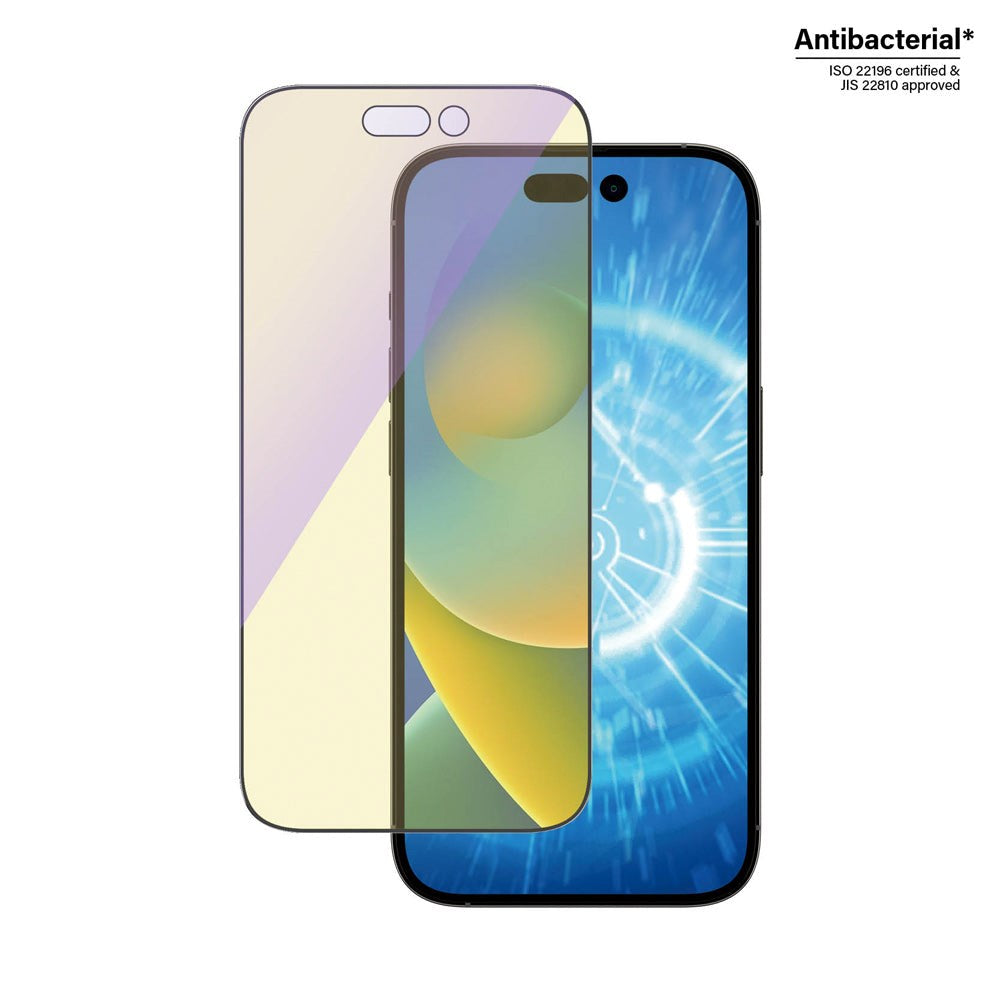 iPhone 14 Pro PanzerGlass AntiBacterial Ultra-Wide Fit Skærmbeskyttelse - Anti-Blue Light- EasyAligner - Diamond Strength - Gennemsigtig / Sort Kant
