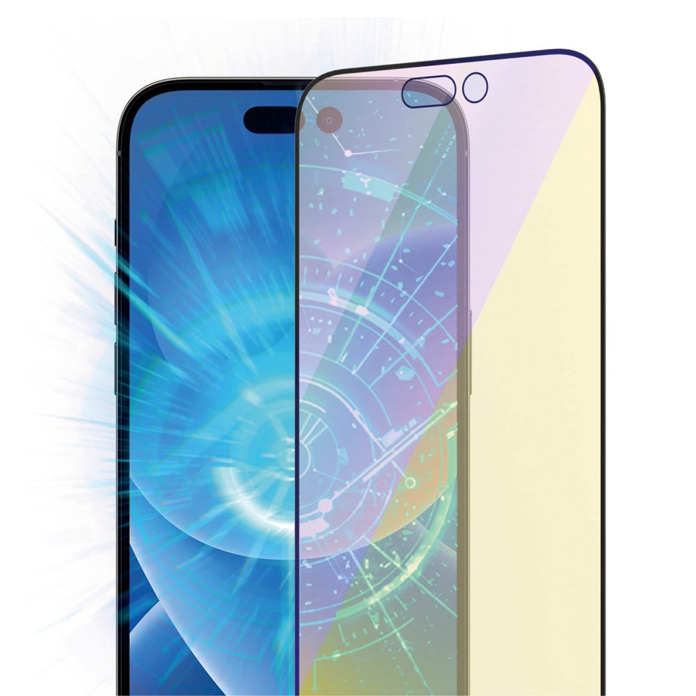 iPhone 14 Pro PanzerGlass AntiBacterial Ultra-Wide Fit Skærmbeskyttelse - Anti-Blue Light- EasyAligner - Diamond Strength - Gennemsigtig / Sort Kant
