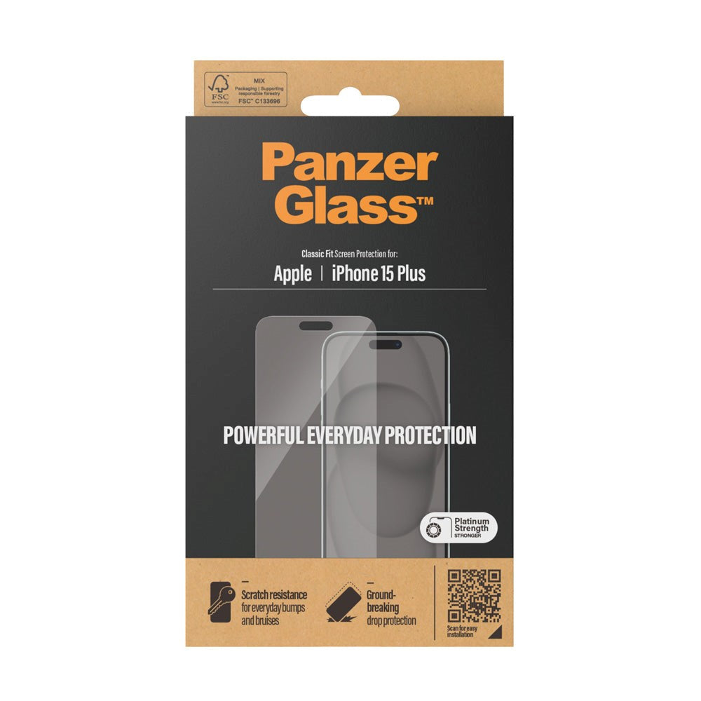 iPhone 15 Plus / 16 Plus PanzerGlass Classic Fit Skærmbeskyttelse - Platinum Strength - Gennemsigtig