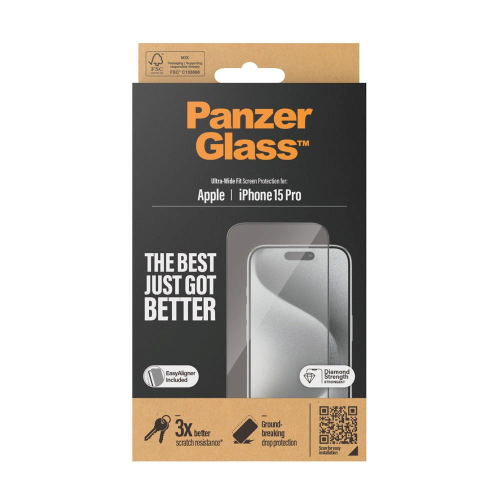 iPhone 15 Pro PanzerGlass Ultra Wide Fit Skærmbeskyttelse m. EasyAligner - Diamond Strength - Gennemsigtig