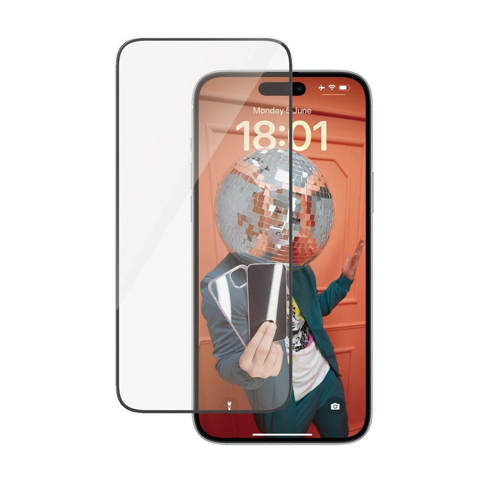 iPhone 15 Plus / 16 Plus PanzerGlass Ultra Wide Fit Skærmbeskyttelse m. EasyAligner - Diamond Strength - Gennemsigtig / Sort Kant