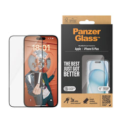 iPhone 15 Plus / 16 Plus PanzerGlass Ultra Wide Fit Skærmbeskyttelse m. EasyAligner - Diamond Strength - Gennemsigtig / Sort Kant