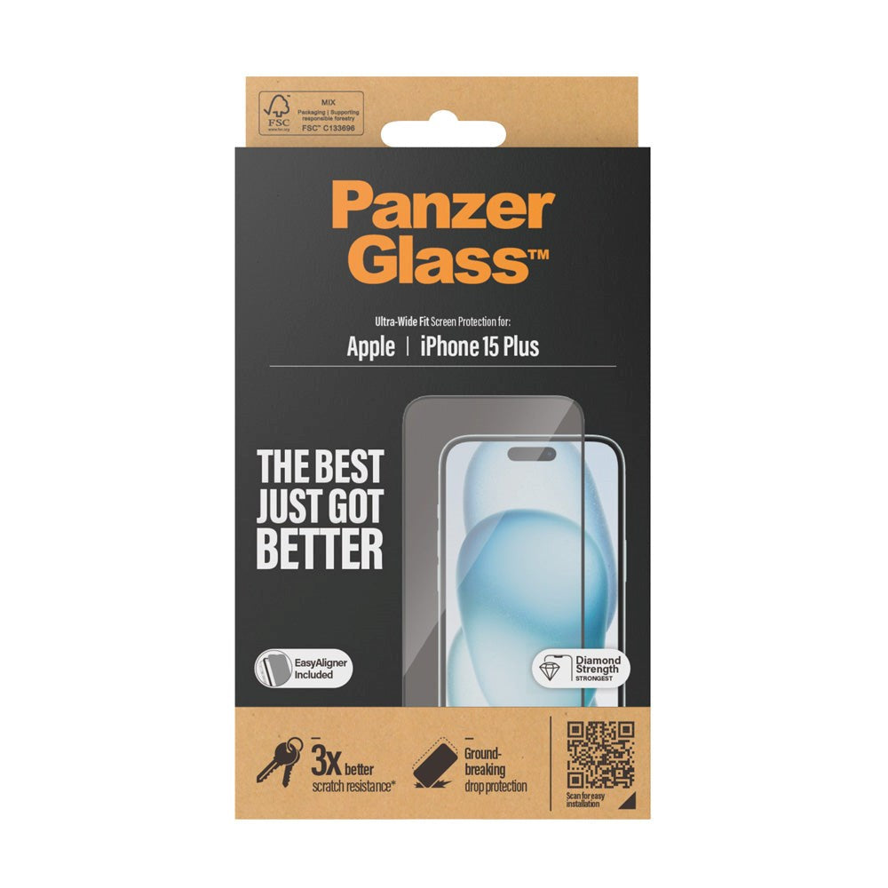 iPhone 15 Plus / 16 Plus PanzerGlass Ultra Wide Fit Skærmbeskyttelse m. EasyAligner - Diamond Strength - Gennemsigtig / Sort Kant