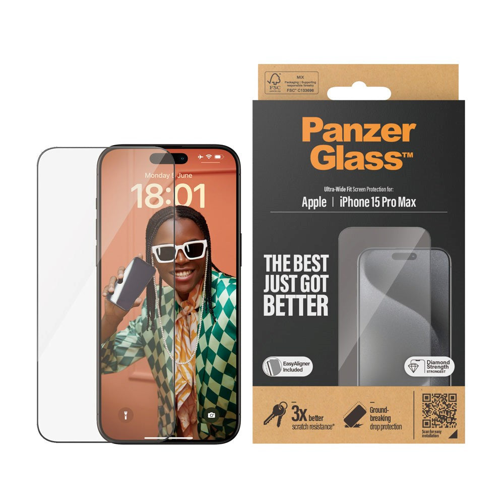 iPhone 15 Pro Max PanzerGlass Ultra Wide Fit Skærmbeskyttelse m. EasyAligner - Diamond Strength - Gennemsigtig / Sort Kant - (DEMO)